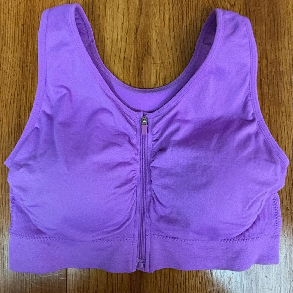Rhonda Shear Front Zip Sports Bra Purple Size Large Full Coverage Padded - Picture 8 of 8
